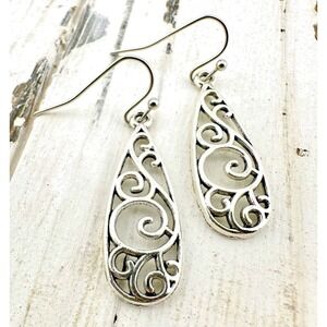 Filigree Swirl Teardrop Earrings Silver Tone